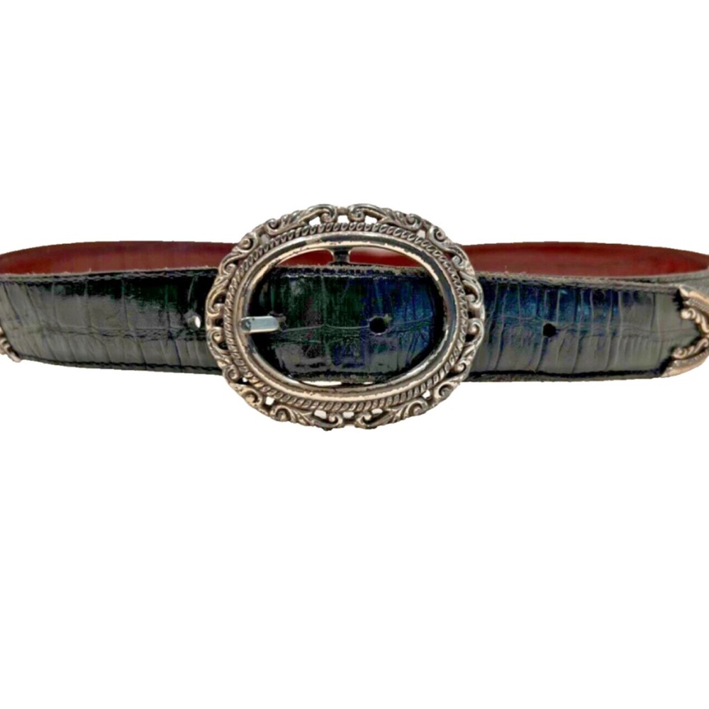 Brighton Black/Brown Croc Leather  Belt with Ornate Silver Buckle.  Size L